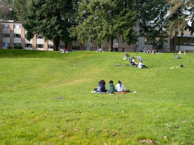 Students relaxing on the sloping campus lawn in front of a residence hall